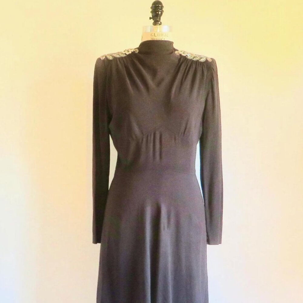 1940's Dark Brown Rayon Crepe Evening Dress Sequin Applique Shoulders Ruching